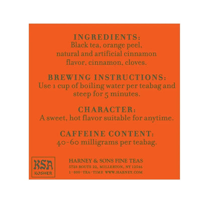 Harney and Sons Hot Cinnamon Spice, a Spicy Black Tea with Cinnamon, Orange Flavors & Sweet Clove - 50 Teabags (Pack of 2)