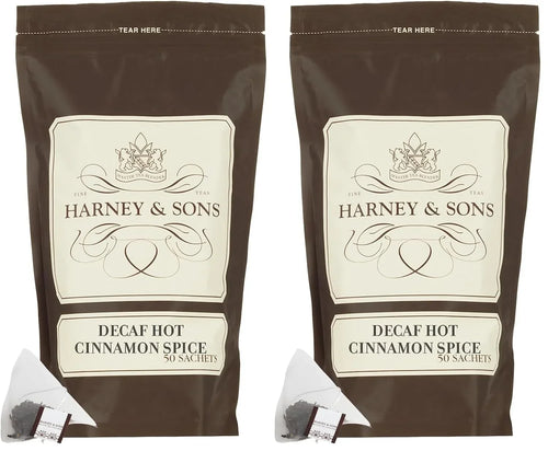 Harney & Sons Decaffeinated Hot Cinnamon - Ceylon Black Tea with Three Types of Cinnamon,Orange Peel and Sweet Cloves - Sachet Bag,50 Count (Pack of 2)