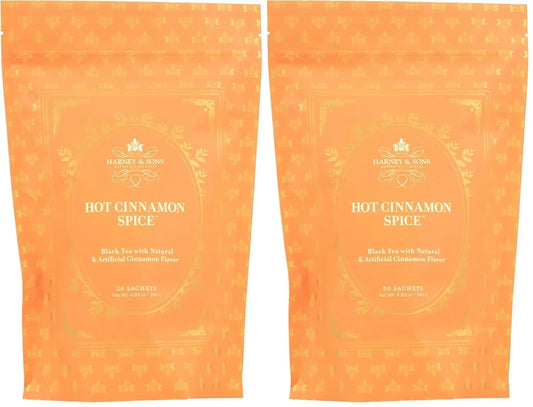 Harney & Sons Hot Cinnamon Spice, Bag of 50 Sachets, Black Tea w/Orange Pieces and Cloves (Packaging may vary), (Pack of 2)