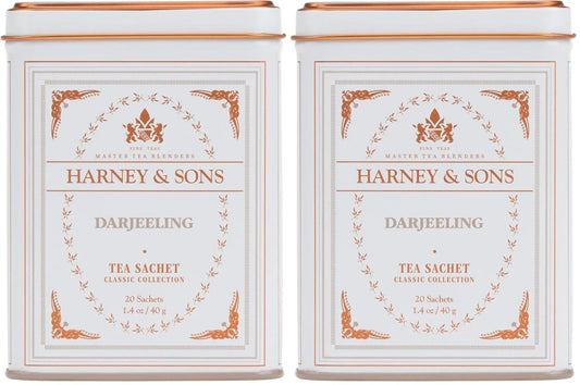 Harney & Sons Darjeeling Black Tea, 20 Sachets of Black Tea | Classic Collection, 20 sachet tin (Pack of 2)
