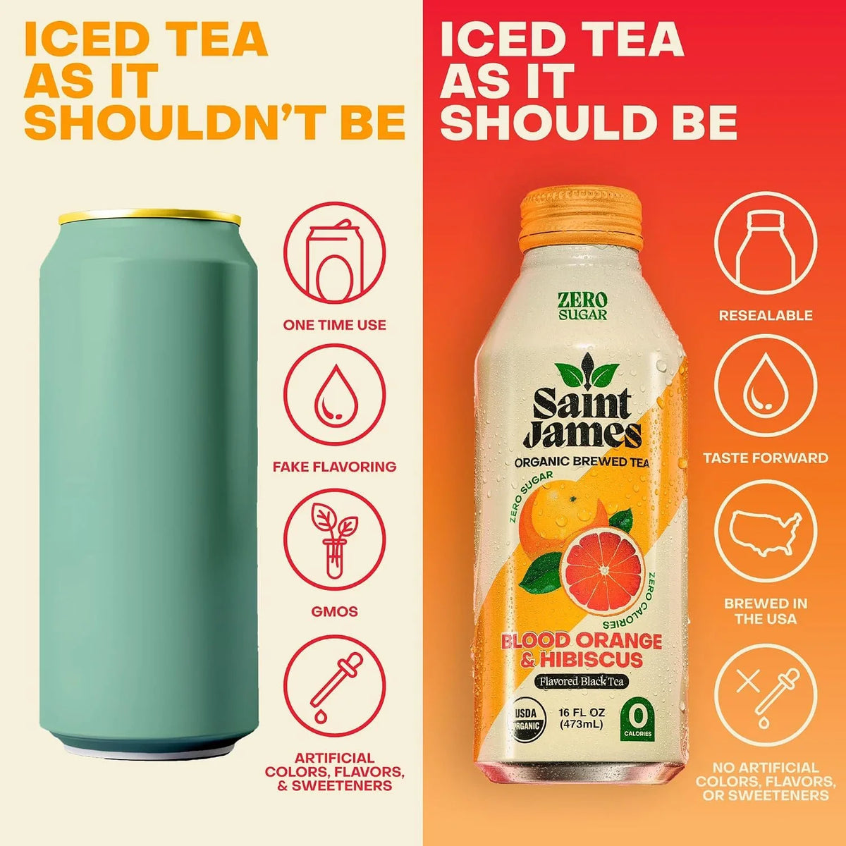 Saint James Iced Tea Organic Black Tea, Variety Flavors, 12 Pack (16 fl oz)